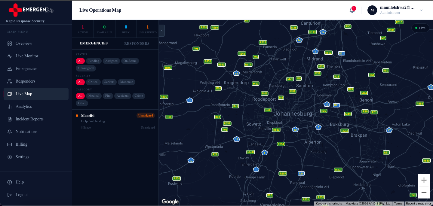 Live Operations Map dashboard showing real-time emergency dispatch network with responders and incidents