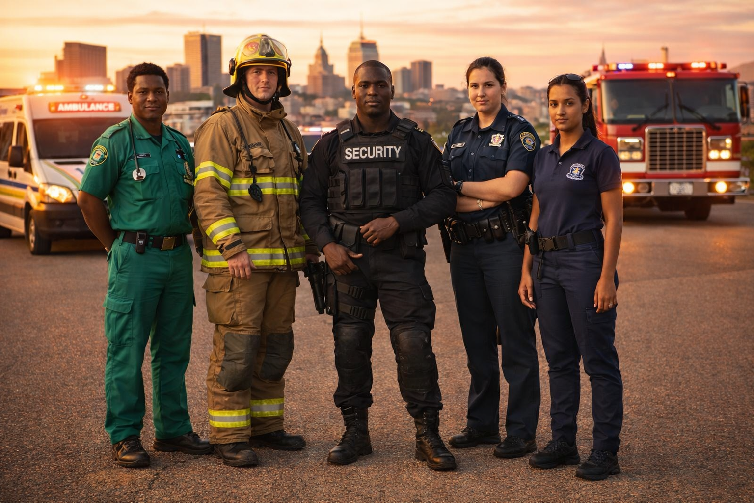 Team of emergency responders including paramedics, firefighters, security and police officers